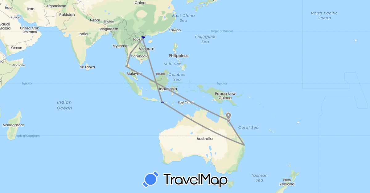 TravelMap itinerary: driving, plane, boat in Australia, Indonesia, Thailand, Vietnam (Asia, Oceania)